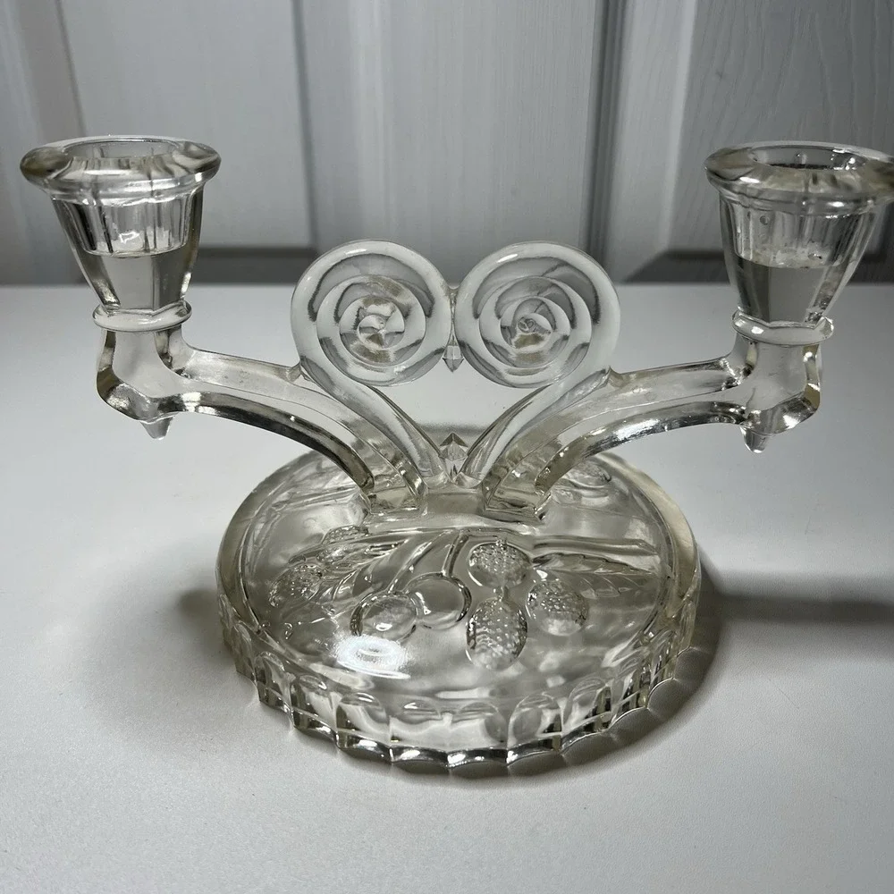 Vintage Jeannette Glass Cosmos Double‎ Candlestick Holder Berry Pattern Base